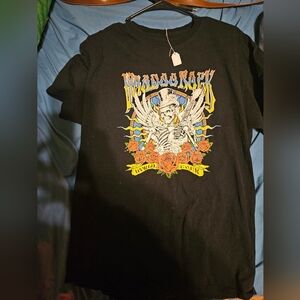 Vintage Black Graphic Rock Fashion Tee with Skeleton Tophat Angel, Roses, Guitar